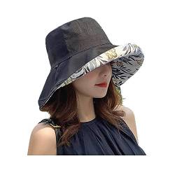 Micoop Damen Leinen Baumwolle UPF 50+ Sonnenhut Reversible Bucket Hat mit breiter faltbarer Krempe und Kinnriemen, Schwarz , One size von Micoop