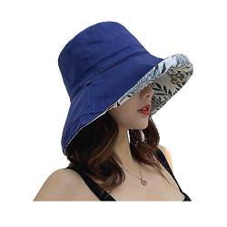 Micoop Damen Leinen Baumwolle UPF 50+ Sonnenhut Reversible Bucket Hat mit breiter faltbarer Krempe und Kinnriemen, dunkelblau, One size von Micoop