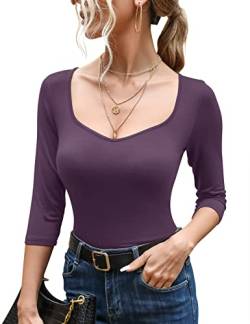 Micoson Damen Basic 3/4-Ärmel Shirts Slim Fit Sexy Sweetheart-Ausschnitt Top Stretch Enge Einfarbig T-Shirts, Grau / Violett, Groß von Micoson