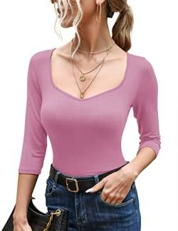 Micoson Damen Basic 3/4-Ärmel Shirts Slim Fit Sexy Sweetheart-Ausschnitt Top Stretch Enge Einfarbig T-Shirts, Pink, Mittel von Micoson