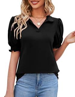 Micoson Damen-Polo-T-Shirt, kurzärmelig, V-Ausschnitt, lässiger Kragen, Puffärmel, Arbeitstunika, Blusen, Schwarz, Groß von Micoson