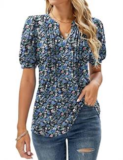 Micoson Damen-T-Shirt, V-Ausschnitt, kurze Ärmel, plissiert, modisches Sommer-Top, lässige Tunika-Bluse, Blumenblau, XX-Large von Micoson