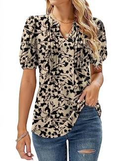 Micoson Damen-T-Shirt, V-Ausschnitt, kurze Ärmel, plissiert, modisches Sommer-Top, lässige Tunika-Bluse, Floral Aprikose Schwarz, Small von Micoson