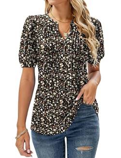 Micoson Damen-T-Shirt, V-Ausschnitt, kurze Ärmel, plissiert, modisches Sommer-Top, lässige Tunika-Bluse, Floral Black, Mittel von Micoson