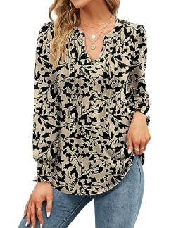 Micoson Damen-T-Shirt, V-Ausschnitt, kurze Ärmel, plissiert, modisches Sommer-Top, lässige Tunika-Bluse, Langärmelig - Floral Apricot Black, Groß von Micoson