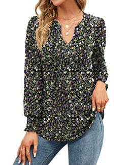 Micoson Damen-T-Shirt, V-Ausschnitt, kurze Ärmel, plissiert, modisches Sommer-Top, lässige Tunika-Bluse, Langärmelig - Floral Schwarz Lila, Mittel von Micoson