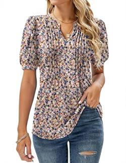 Micoson Damen T-Shirt mit V-Ausschnitt, kurzärmelig, plissiert, modisch, für den Sommer, lässige Tunika-Bluse, Blumenmuster in Pink, Klein von Micoson
