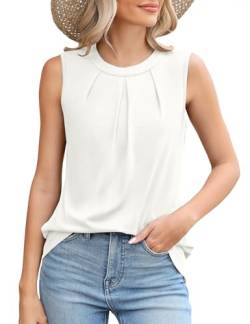 Micoson Damen Tank Tops Rundhals Falten Ärmellos Shirts Sommer Loose Fit Casual Top Business Blusen, Weiss/opulenter Garten, Mittel von Micoson