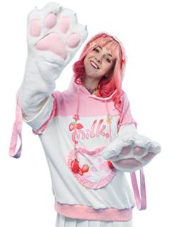 Micotaku Damen-Pullover, Kapuzenpullover mit abnehmbarer Tasche, pelzige Katzenpfoten-Handschuhe, Erdbeer-Milch-Katzen-Stil (Weiß, Größe S-M) von Micotaku