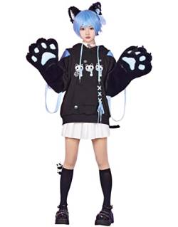 Micotaku Damen-Pullover, Kapuzenpullover mit abnehmbarer Tasche, pelzige Katzenpfoten-Handschuhe, Totenkopf-Katzenmuster, Sweatshirt (schwarz, LXL) von Micotaku