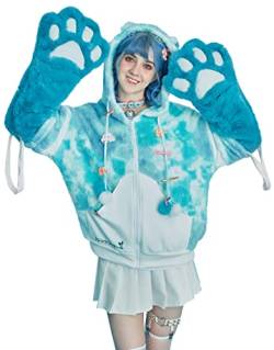 Micotaku Damen Pullover Hoodie Mint Wolken Muster mit abnehmbarer Tasche Furry Cat Paw Handschuhe (Größe S) von Micotaku