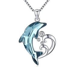 Delfin Kette Damen Frauen Halskette 925 Sterling Silber Delphin Anhänger mit Blauer Delfin Kristall Meereswellen Strandthemen Schmuck Geschenke für Tochter Mädchen von Midir&Etain