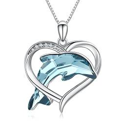Delfin Kette Damen Halskette 925 Sterling Silber Delphin Anhänger mit Blauer Delfin Kristall Herz Halskette Schmuck Geschenke für Mädchen von Midir&Etain