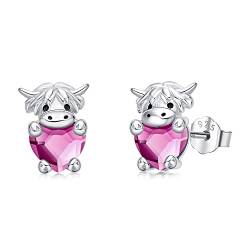 Highland Kuh Ohrringe 925 Sterling Silber Geburtsstein Schottische Kuh Ohrringe Highland Cow Ohrstecker mit Kristall Schmuck Geschenke für Frauen Mädchen Kinder von Midir&Etain