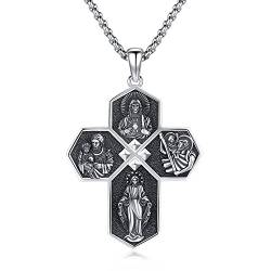 Kette Herren Damen Halskette 925 Sterling Silber 4-Wege-Kreuz Medaille Anhänger, Sacred Heart, Heiliger Christophorus, St. Joseph, Jungfrau Maria Religiöse Schmuck Geschenke für Männer Ehemann Bruder von Midir&Etain