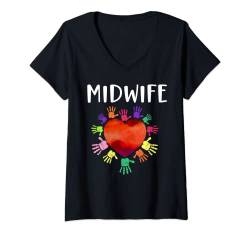 Damen Krankenschwester Hebamme Geburtsarbeiter Herz Hände Hebamme T-Shirt mit V-Ausschnitt von Midwife Student Midwifery Quotes Appreciation HD0