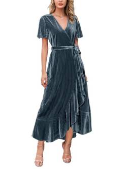 Miessial Damen Samt Maxikleid Retro Faux Wrap V-Ausschnitt Lang Abendkleid Cocktail Partykleid, Samt-Haze Blue, 44 von Miessial