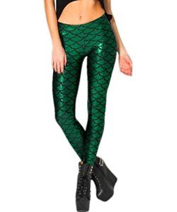 Migaoeco Damen Digitaldruck Meerjungfrau Fischwaage Skinny Stretch Leggings Hosen Sparkle Booty Festival Kostüme Cosplay Bühne Club Party Wear Gr. XL, dunkelgrün von Migaoeco