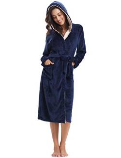 Bademantel Damen Baumwolle mit Kapuze Morgenmantel Lang Plüsch Hausmantel Fleece warm Damen leicht flauschig Taschen Bademäntel für Damen Navy blau S von Migcaput