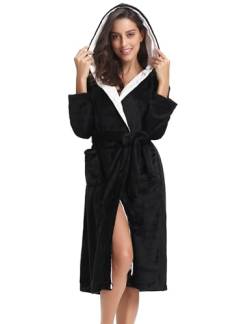 Bademantel Damen mit Kapuze Morgenmantel Plüsch Hausmantel Lang Fleece warm Damen leicht flauschig Taschen kurz Bademäntel für Damen Schwarz L von Migcaput