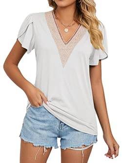 Bluse Damen Sommer V-Ausschnitt Mit Spitze Kurzarm Tshirt Elegant Entspannt Damen Oberteil Tunika Spitzentops Weiß S von Migcaput