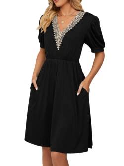 Damen Sommerkleid Knielang Freizeitkleid Kurzarm Casual V-Ausschnitt Partykleid A-Linie Swing Strandkleid Mit Taschen B S von Migcaput