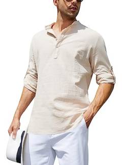 Leinenhemd Herren Langarm Casual Henley Shirt Baumwollmischung Einfarbig Strand Shirt Baumwolle Henley Shirt Business LGR XL von Migcaput