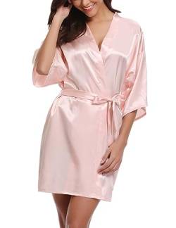 Migcaput Bademantel Damen Kurz Satin Bademantel mit Gürtel Braut Brautjungfern Kimono Hochzeit Nachtwäsche V-Ausschnitt Seide Pajama Rosa Braut Rosa L von Migcaput