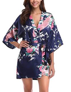 Migcaput Bademantel Damen Kurz mit Gürtel Kimono Robe Morgenmantel Sexy V-Ausschnitt Leicht Seide Satin Pyjama Strandkimonos Nachtwäsche mit Pfau Muster - pfau-Dunkelblau, S von Migcaput