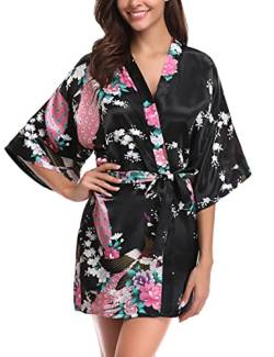 Migcaput Bademantel Damen Kurz mit Gürtel Kimono Robe Morgenmantel Sexy V-Ausschnitt Leicht Seide Satin Pyjama Strandkimonos Nachtwäsche mit Pfau Muster - pfau-Schwarz, L von Migcaput