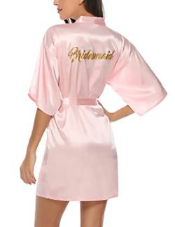 Migcaput Bademantel Damen Satin Kimono Robe mit Gürtel V-Ausschnitt Morgenmantel für Hochzeit Braut&Brautjungfern Pajama Party Rosa für Brautjungfer M von Migcaput