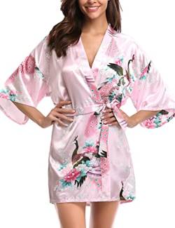 Migcaput Damen Bademantel Kurz mit Gürtel Kimono Robe Morgenmantel Sexy V-Ausschnitt Leicht Seide Satin Pyjama Strandkimonos Nachtwäsche mit Pfau Muster - pfau-Rosa, M von Migcaput