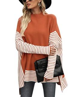 Migcaput Damen Pullover Oversized Langarm Rundhals Fledermausärmel 2023 Herbst Rippstrick Jumper Seitenschlitz Strickpullover Orange M von Migcaput