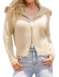 Migcaput Damen Strickjacke Langarm mit Reißverschluss Kurzer Strickpullover Revers Pullover Cardigan Gestrickter Jacke Einfarbig Aprikose M von Migcaput