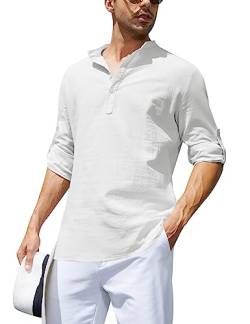 Migcaput Freizeithemd Herren Langarm Leinenhemd Businesshemd Baumwolle Sommerhemd Basic Langarmhemd Slim Fit für Männer WHE L von Migcaput