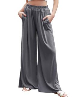 Migcaput Hose Damen Weite Bein Palazzo Pants Leicht Baumwolle High Waist Casual Jogginghose Elastisch Sommerhose mit Taschen Grau L von Migcaput