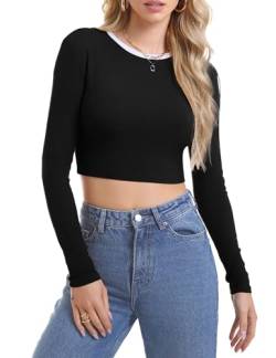 Migcaput Langarmshirt Damen Langarm Crop Top Y2K T-Shirt Slim Fit Oberteile Longsleeve Basic Tee Rundhals Casual für Frauen Schwarz XL von Migcaput