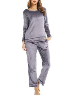 Migcaput Schlafanzug Damen Lang Fleece Winter Flanell Pyjama Nachtwäsche Langarm Hausanzug Plüsch Freizeitanzug Pyjama Set Grau XL von Migcaput