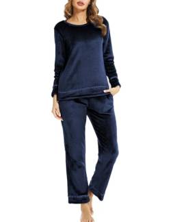 Migcaput Schlafanzug Damen Winter Thermo Pyjama Lang Fleece Hausanzug Nachtwäsche Zweiteiliger Flanell Freizeitanzug Set mit Tasche Navy blau S von Migcaput