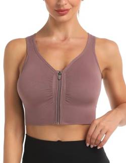 Migcaput Sport BH Reißverschluss Vorne Damen Zip Front Push Up Ohne Bügel Bustier Running Bra Ringerrücken Strech Gepolstert Bralette für Fitness Yoga Bohnenpaste rot M von Migcaput