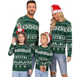 Migcaput Weihnachtspullover Damen Strickpullover Herren Eltern-Kind Knitted Rundhals Weihnachtspulli Winterpullover Christmas Reindeer Unisex Pärchen Sweater Grün 4 von Migcaput