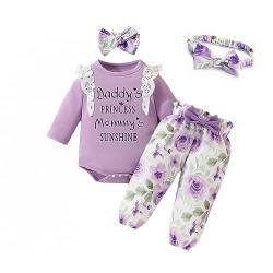 Miipat Baby Mädchen Kleidung Set Neugeborenes Langarm Spitze Strampler Top mit Floral Hose Herbst Outfit und Stirnband Lila 0-3 Monate von Miipat