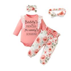 Miipat Baby Mädchen Kleidung Set Neugeborenes Langarm Spitze Strampler Top mit Floral Hose Herbst Outfit und Stirnband Rosa 9-12 Monate von Miipat