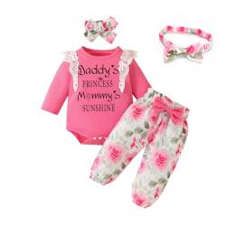 Miipat Baby Mädchen Kleidung Set Neugeborenes Langarm Spitze Strampler Top mit Floral Hose Herbst Outfit und Stirnband Rosenrot 0-3 Monate von Miipat