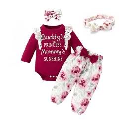 Miipat Baby Mädchen Kleidung Set Neugeborenes Langarm Spitze Strampler Top mit Floral Hose Herbst Outfit und Stirnband Wine 0-3 Monate von Miipat
