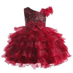 Miipat Mädchen Kleid One Shoulder Pailletten Prinzessin Ärmellos Hochzeit Kleid Tutu Rüschen Kinder Kleider Party Geburtstag Weinrot 110 4-5 Jahre von Miipat