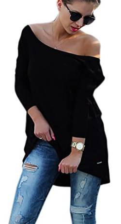 Damen Bluse Oversize Tunika Langarm Longshirt Loose Jumper Top V-Ausschnitt Hinten Casual Damen Shirt Weiß Schwarz S M L (301) (Schwarz) von Mikos