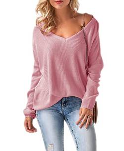 Mikos* Damen Frauen Off Shoulder Langarm Frühling Sommer Pullover Strickpullover Pullover Baggy V-Ausschnitt (694) (Dunkelrosa) von Mikos