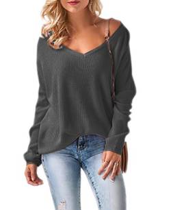 Mikos* Damen Frauen Off Shoulder Langarm Frühling Sommer Pullover Strickpullover Pullover Baggy V-Ausschnitt (694) (Graphit) von Mikos