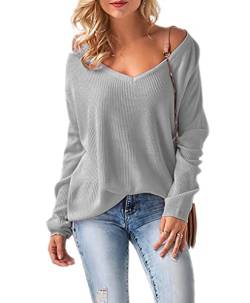 Mikos* Damen Frauen Off Shoulder Langarm Frühling Sommer Pullover Strickpullover Pullover Baggy V-Ausschnitt (694) (Grau) von Mikos